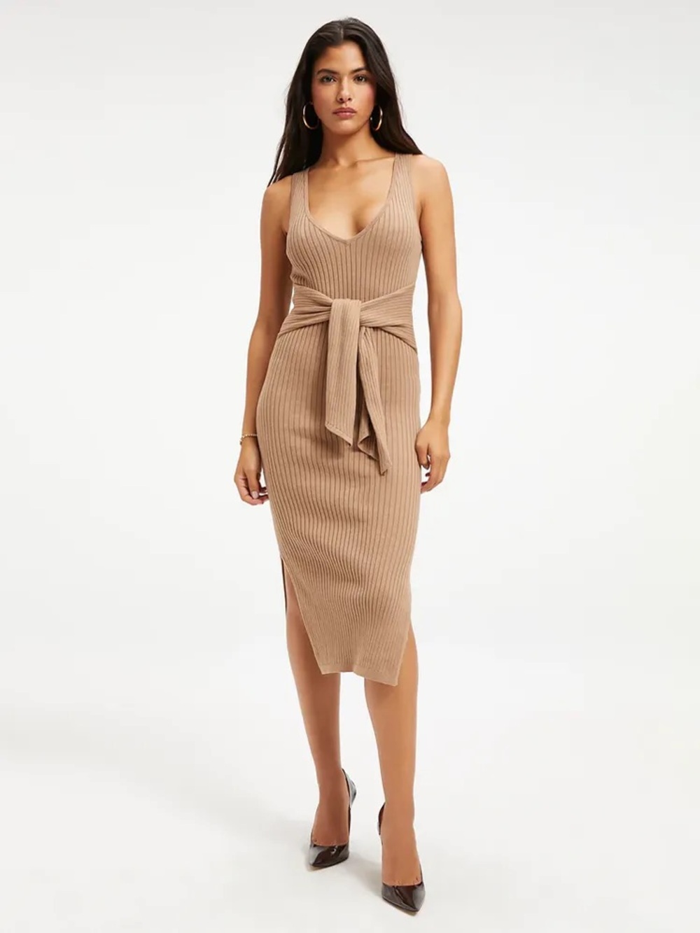 Good American Belted Body Dress Taupe Brown Ribbed Knit V-Neck Midi Size 4